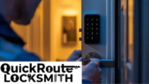 Professional locksmith assisting customer with door lockout at night in Denver, CO